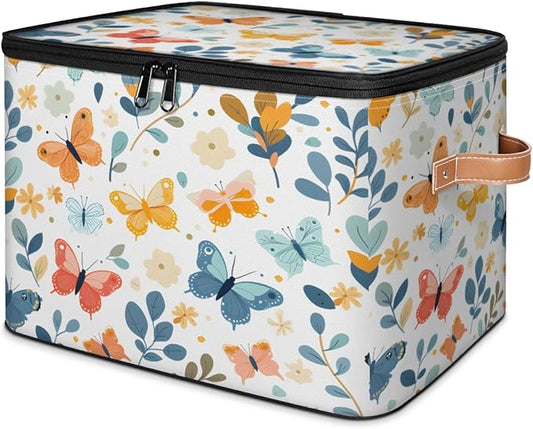 Butterfly Storage Bins with Zipper Lid, Boho Floral Lidded Storage Baskets Boxes Foldable Organizer with Leather Handles for Clothes Closet Shelf Toys-NeatNest
