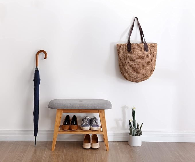 Shoe Rack Bench, Bamboo Entryway Bench, Organizer with 2 Tier Storage, Simple Style, Good Load Bearing, Ideal for Entryway Hallway Living Room,(Nature,23.6'')-NeatNest