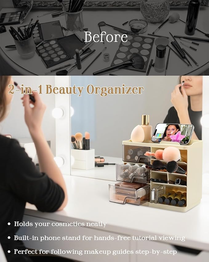 Makeup Organizer with Drawers&Phone Holder,Multi-Function Cosmetic Storage Organizer,Stackable Makeup Organizer Countertop for Makeup Brushes,Lipstick,Skincare and Bathroom Vanity Organization (Beige)-NeatNest