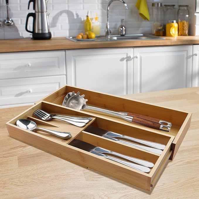 Expandable Bamboo Kitchen Drawer Organizer - Silverware Organizer - Utensil Holder and Cutlery Tray for Flatware Organizers and Kitchen Utensils-NeatNest