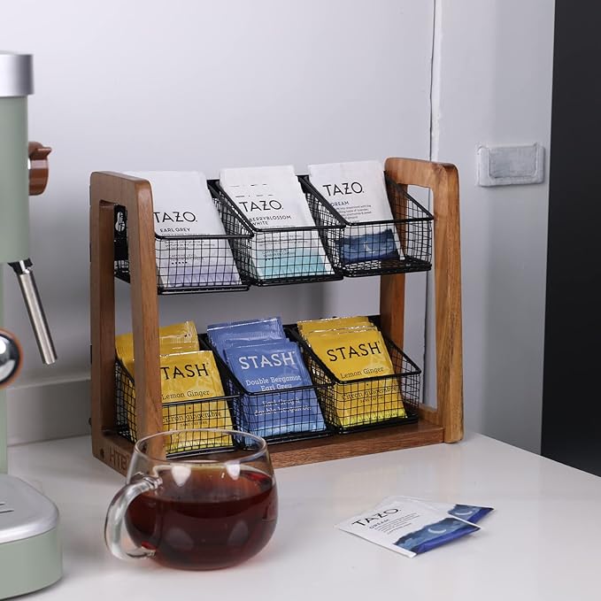 HTB 2 Tier Tea Organizer for Tea Bags, Tea Bag Holder with Acacia Wood Stand and 6 Removable Metal Basket for Sugar Packets, Sweeteners, Creamers for Cabinet, Countertop or Wall-mounted-NeatNest
