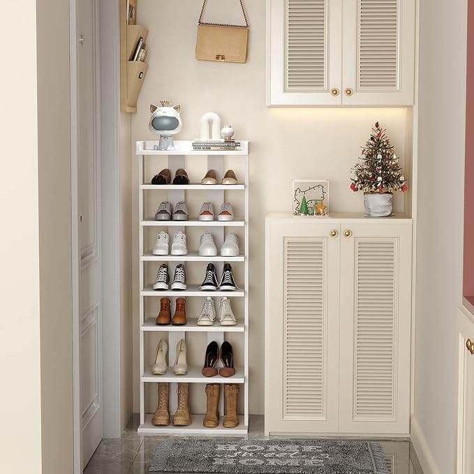 HOMEFORT 7-Tier Wood Shoe Rack, Double Rows 7-Tier Shoe Shelf, Shoe Storage Stand, Entryway Shoe Tower, Vertical Shoe Organizer Perfect for Narrow Closet, Entryway, Hallway, Bedroom in White-NeatNest