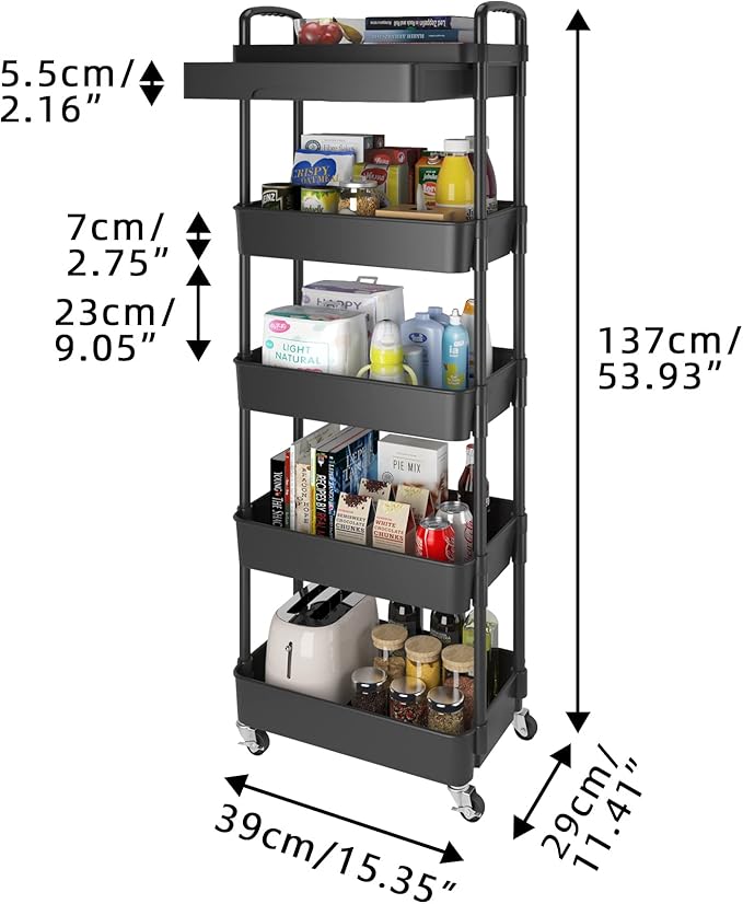 Calmootey 5-Tier Rolling Utility Cart with Drawer,Multifunctional Storage Organizer with Plastic Shelf & Metal Wheels,Storage Cart for Kitchen,Bathroom,Living Room,Office,Black-NeatNest