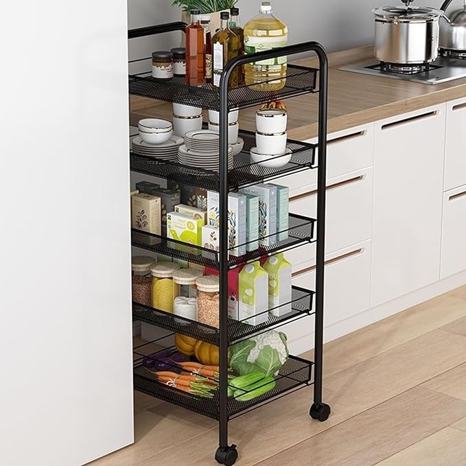 5 Tier Rolling Storage Cart Metal Utility Cart Stackable and Removable Kitchen Metal Mesh Storage Shelves with Wheels Heighten Guardrail for Kitchen, Dorm, Bedroom, Bathroom Black 5-Layers