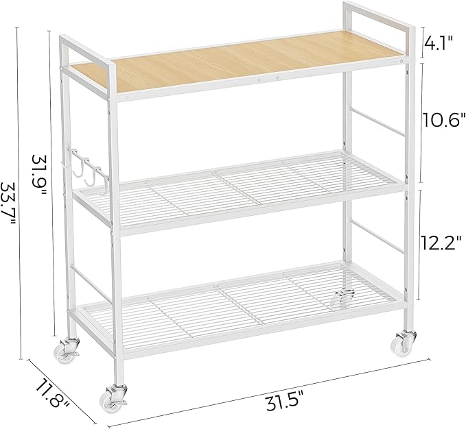 3-Tier Metal Storage Rack with Industrial Wheels,Mesh Shelving Unit with Wooden Table top,Adjustable Shelf,31.5-Inch Width, for Kitchen, Laundry,Pantry,Plant,Oak panel and white frame