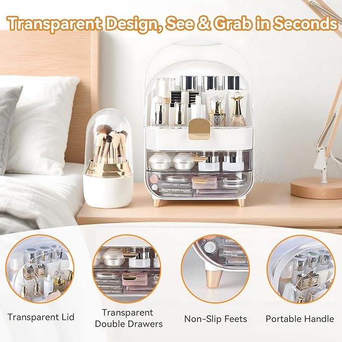 Brothersbox Makeup Organizer Countertop, Skincare Organizers with Clear Lid & 2 Drawers and Brush Holder, Make up Organizers for Vanity, Cosmetic Organizer for Bathroom Counter Dresser (White)