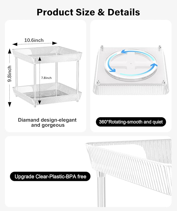2 Tier Lazy Susan Bathroom Countertop Organizer, 360° Clear Rotating Square Storage Tray, Cosmetics and Perfume Organizer, Spinning Storage Tray Vanity Organizer Shelf for Bathroom Cabinet, Kitchen-NeatNest