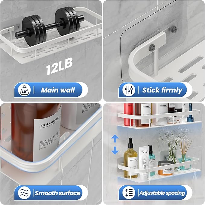 lanlord Wall Mounted Shower Caddy Shelf Organizer Rack,2 Pack No Drilling Adhesive Shower Shelves,Bathroom Shower Organizers and Storage,Save Space With Hooks,Apartment Essentials (White 2LWLT).