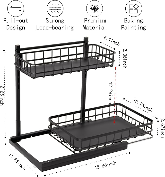 Under Sink Organizer, Adjustable Height Pull-Out Kitchen Storage Organization,15.8" x 11.8" x 16.5",2-Tier Kitchen Shelf,Bathroom Drawer Organizer, Black-NeatNest
