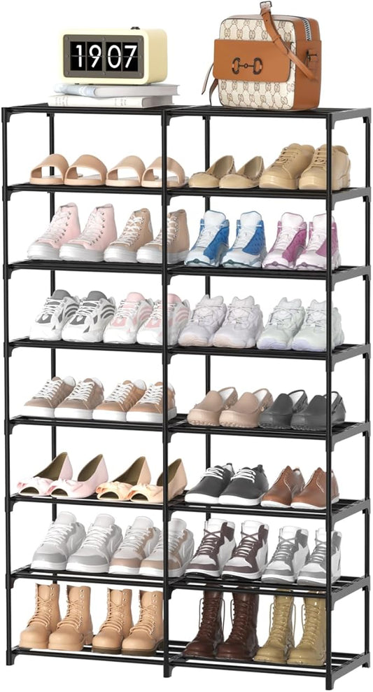 Large Shoe Rack Organizer, 2-Row 8-Tier Tall Shoe Storage Shelf for Closet, Entryway, Garage, Metal Free Standing Shoe Holder for 28-32 Pairs Shoes, Sturdy Stackable Shoe Stand for Bedroom-NeatNest
