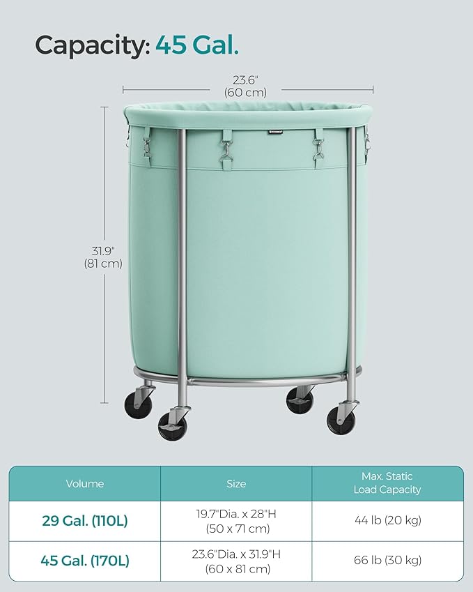 SONGMICS Laundry Basket with Wheels, Rolling Round Laundry Hamper Cart, 45 Gal. with Steel Frame and Removable Bag, 4 Casters and 2 Brakes, Mint Green and Metallic Silver URLS001C01