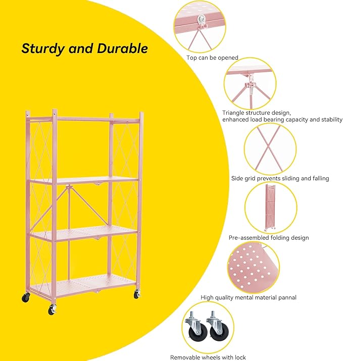 BRIAN & DANY 4-Shelf Foldable Storage Shelves with Wheels, Folding Metal Rack Shelving Unit, Heavy Duty No Assembly Organizer Shelf for Garage, Kitchen, Basement, Pantry, Pink-NeatNest