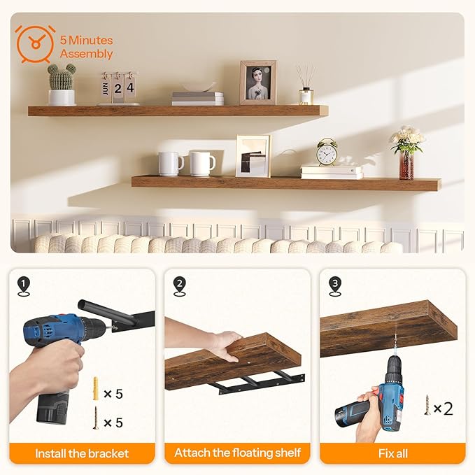 HOOBRO Floating Shelves for Wall, Wall Mounted Shelf Set of 2, 55" Hanging Shelf with Invisible Brackets, for Wall in Bathroom, Bedroom, Toilet, Kitchen, Living Room, Office, Rustic Brown BF140BJP201-NeatNest