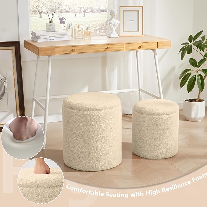 Boucle Round Ottoman with Storage Set of 2,Small Foot Stool Ottoman for Living Room, Small Coffee Table,Vanity Stool with Storage for Bedroom, Beige-NeatNest