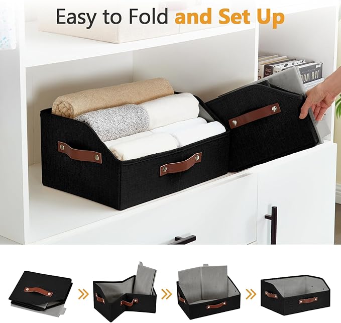 Closet Organizers and Storage, Linen Trapezoid Storage Bins with Handles, Collapsible Shelf Organizer for Blanket, Towel, Clothes, Hats, Purse (Black)-NeatNest