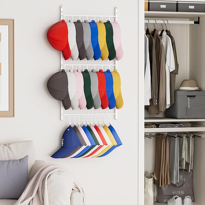 Consumest Over Door Hat Organizer - 3 Tier Wall Mounted Hat Rack with 16 Hooks and 10 Movable Clips, Hanging Baseball Cap Storage Holds up to 26 Caps for Door, Bedroom, Closet USPTO Patent Pending-NeatNest
