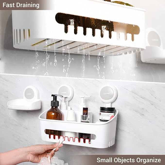 LUXEAR 4 Pack Shower Caddy Set - Suction Cup Shower Shelf+Soap Dish+Hooks - 1 Sec Installation NO-Drill Removable Powerful Waterproof Organizer