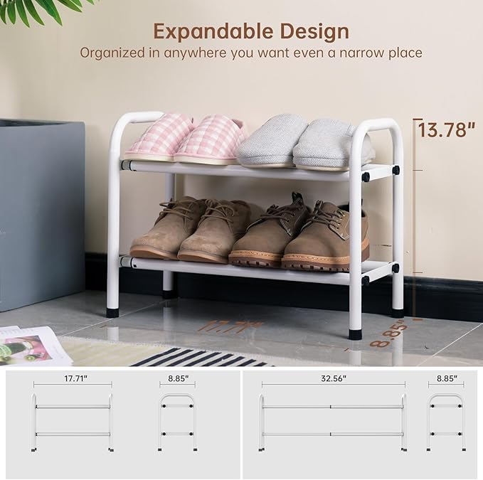 Gonfoam 2-Tier Expandable Shoe Rack,Adjustable Shoe Shelf Storage Organizer Heavy Duty Metal Free Standing Shoe Rack for Entryway Closet Doorway (White)-NeatNest