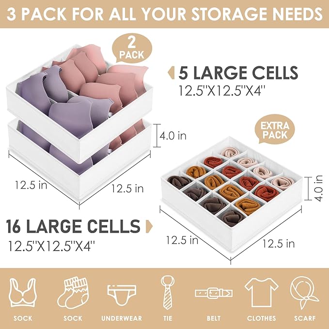 3 Pack Bra Underwear Drawer Organizer Dividers, 26 Cell Fabric Foldable Dresser Closet Organizers and Storage Boxes for Baby Clothes, Bra, Socks, Underwear, Ties (5+5+16 Slots, White)-NeatNest