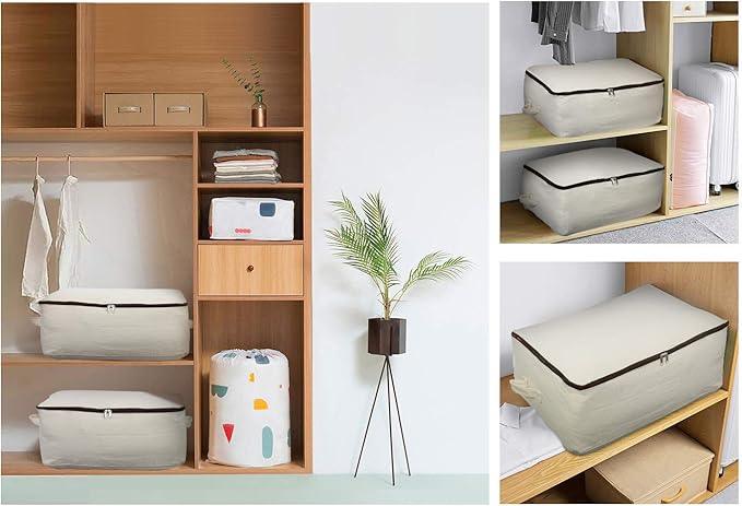 2PCS Canvas Storage Bag, 12OZ Thick Soft Breathable Closet Organizer for Beddings, Comforters, Pillows, Blankets, Clothes, 25.6×18.5×8.7inch, Beige-NeatNest