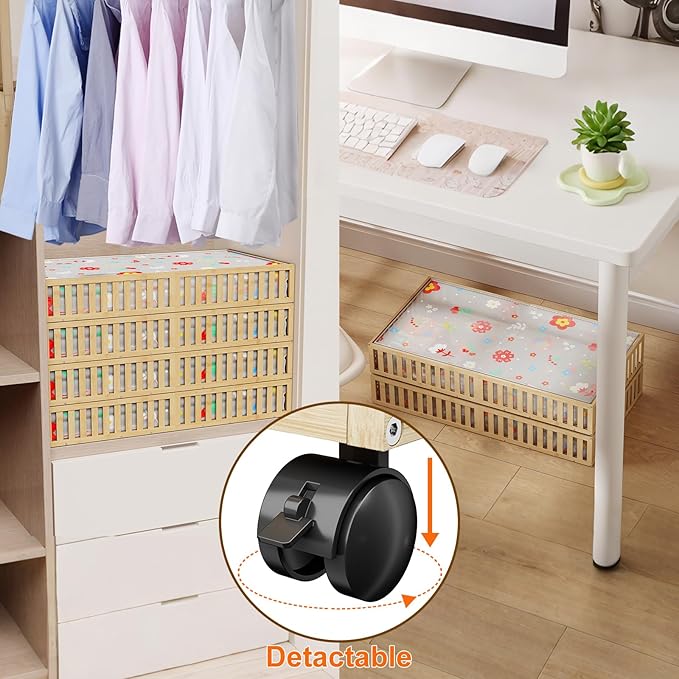 2Pack Bamboo Under Bed Storage Containers, UnderBed Storage with Wheels & 90L Large Capacity Dust Bag, Sturdy Rolling Under Bed Clothes Storage for Shoes Toy Book, Nature (37.48" × 20.08")-NeatNest