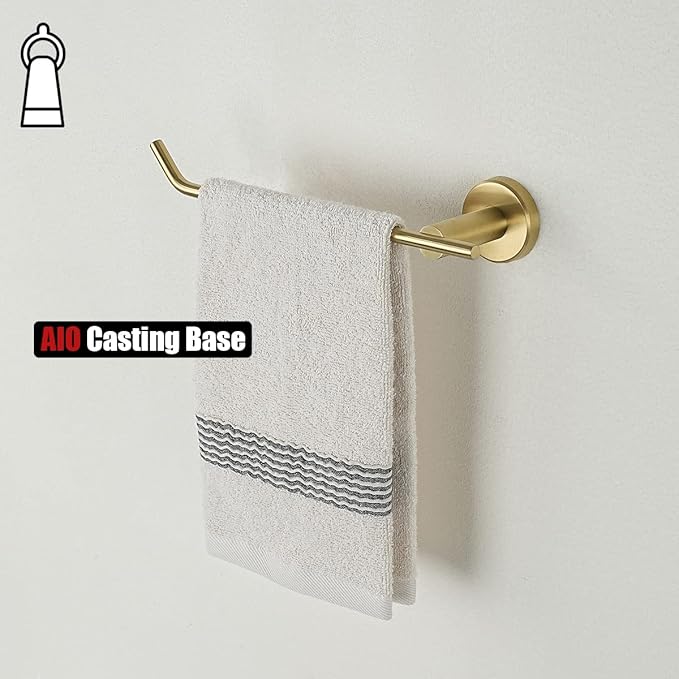 JQK Brass Gold Hand Towel Bar, Stainless Steel Towel Ring for Bathroom, 9 Inch Necklace Holder Brushed Golden Wall Mount Left Hand, TR101-BG