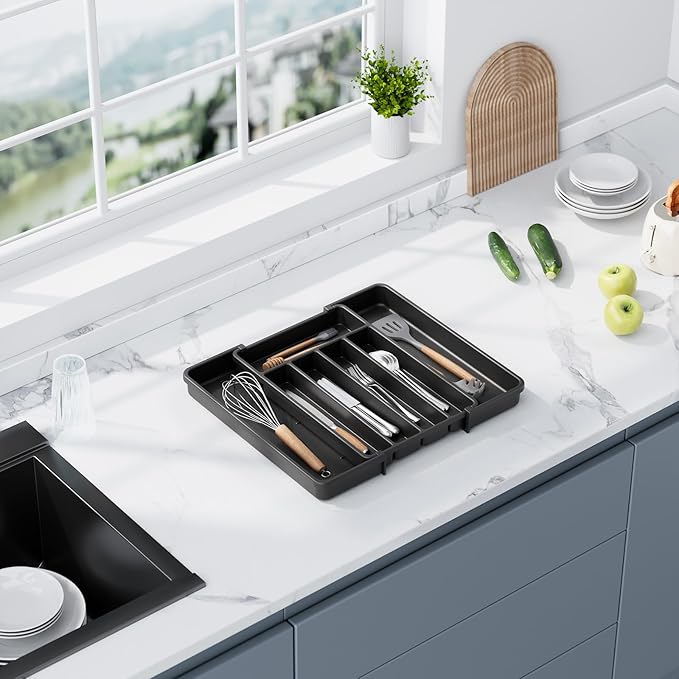 Aujen Silverware Organizer - Expandable Kitchen Drawer Organizer, Adjustable Utensil Organizer, Cutlery Tray for Forks, Knives, Multipurpose Kitchen Organizers and Storage Solution, Black, Medium-NeatNest