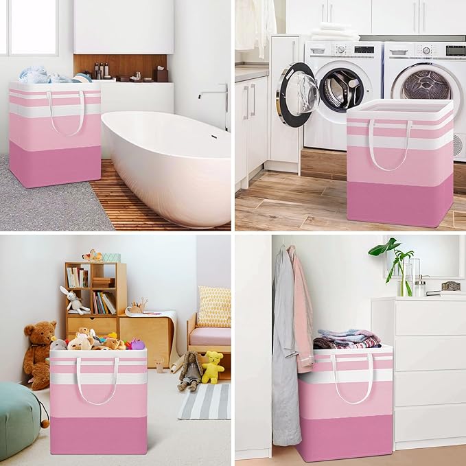 HomeHacks 2 Pack Large Laundry Baskets, Waterproof, Freestanding Laundry Hampers, Collapsible Clothes Hamper with Reinforced Handles in Laundry, College Dorm, Bathroom, Bedroom (Pink, 100Lx2)-NeatNest