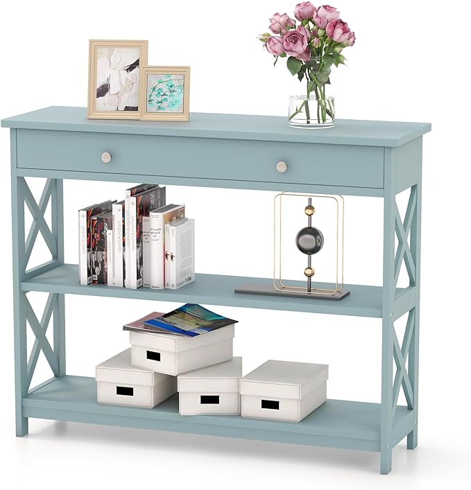 GOFLAME 39" Console Sofa Table with Drawers, 3-Tier Narrow Entry Table with Storage Shelves for Living Room Behind Couch, Entryway, Hallway (Green)-NeatNest