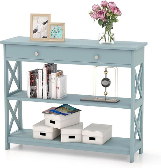 GOFLAME 39" Console Sofa Table with Drawers, 3-Tier Narrow Entry Table with Storage Shelves for Living Room Behind Couch, Entryway, Hallway (Green)-NeatNest