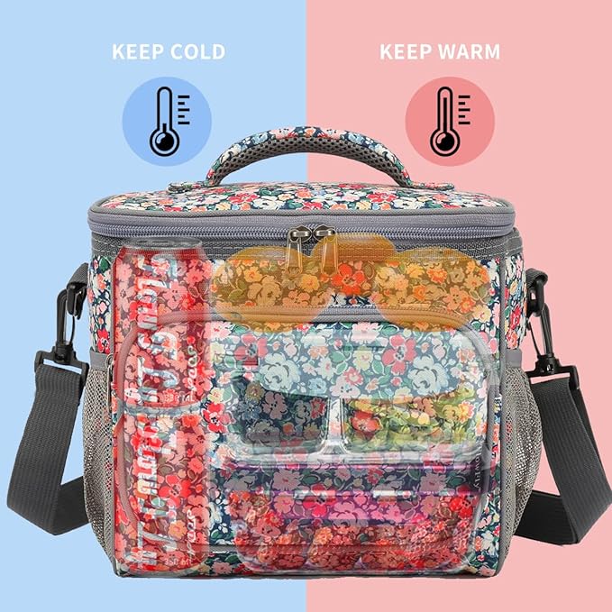FlowFly Insulated Reusable Lunch Bag Adult Large Lunch Box for Women and Men with Adjustable Shoulder Strap,Front Zipper Pocket and Dual Large Mesh Side Pockets,Floral-NeatNest