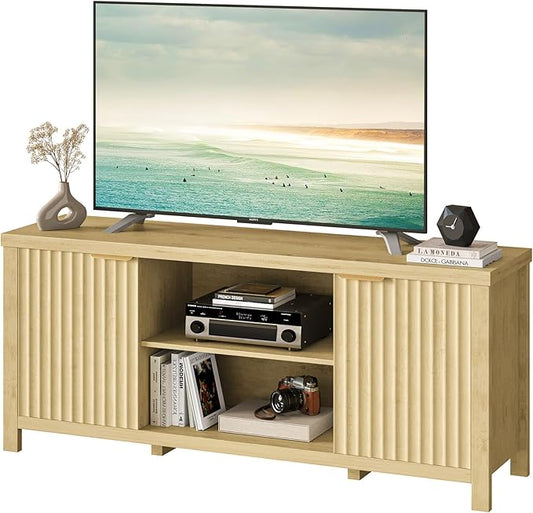 Fluted TV Stand for TVs up to 65'',Mid Century Modern Entertainment Center with Adjustable Shelves, Wood Media TV Console Cabinet with Fluted Doors for Living Roon Bedroom Natural LTV90Y-NeatNest