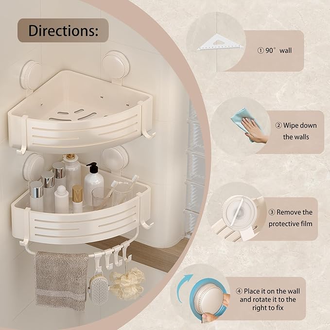 Shower Caddy Corner,Wall Hanging Shower Shelves, Removable Suction Cup Shower Caddy with Hooks and Towel Bar,No Drilling Rust Proof Aluminum Shower Shelf for Toilet and Kitchen(2-Pack,White)