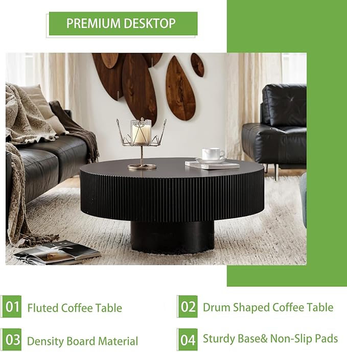 Handmade Round Grooved Drum-Shaped Coffee Table、Rustic Modern Circular Centerpiece for Living Room & Farmhouse Decor、Easy to Clean (B Black 30.9in)