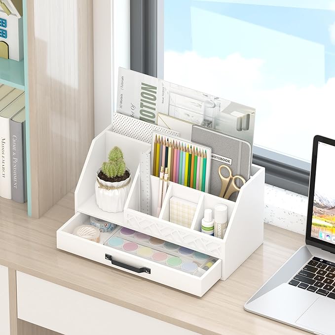 Bamboo Desk Organizer with Drawers, Mail Organizer Countertop Wood Desk Drawer Tabletop Storage Organization Pen Holder Letter Sorter Makeup Organizer for School Home Office (White)-NeatNest