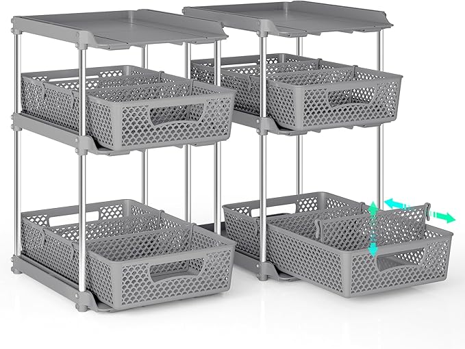 2Pcs 3 Tier Bathroom Organizers, WIDER BOLDER Pull Out Under Sink Organizer with Dividers, Kitchen and Bathroom Storage Cabinet - Gray-NeatNest