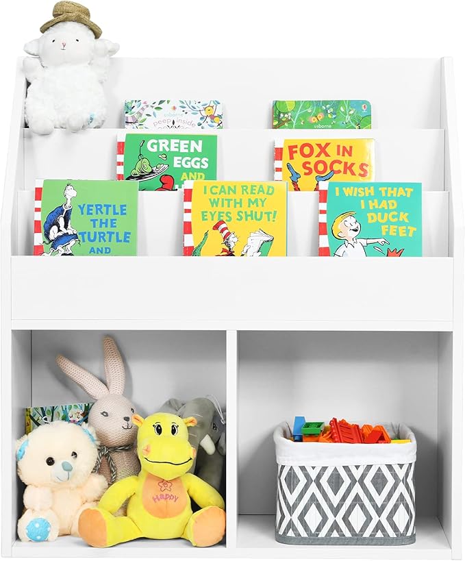 Costzon Kids Bookshelf, Wooden Toy Storage Cabinet Organizer w/Shelves, 2 Large Cubes & Anti-Tipping Devices, Children Bookcase Display Sling Book Rack for Kids Room, Nursery, Kindergarten (White)-NeatNest