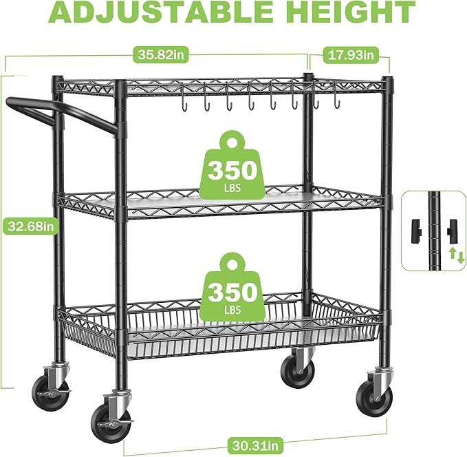 3 Tier Utility Cart with Wheels, Heavy Duty Rolling Cart 1050lbs, Commercial Grade Kitchen Trolley with Handle Bar&Shelf Liner, Mobile Metal Trolley for Warehouse Garage Kitchen