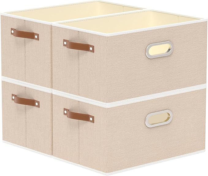 Yawinhe Collapsible Storage Box, Cube Storage Basket, Fabric Foldable Storage Bins Organizer Containers with Dual Leather Handles for Home Bedroom Closet Office,15.0 x 9.8 x 8.3 Inch, (Beige, 4-Pack)-NeatNest