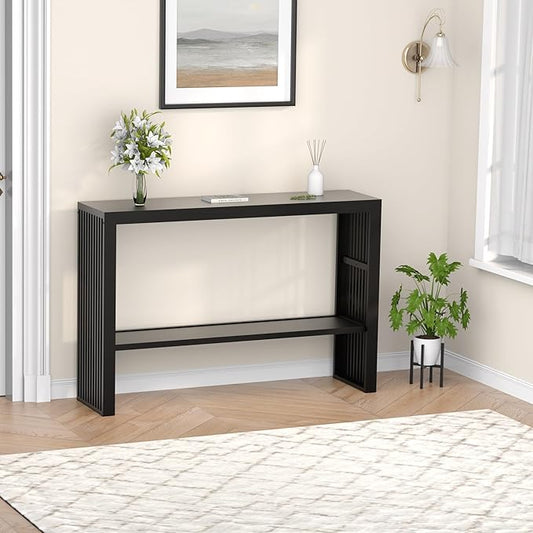 Bamboo Wood Console Table 47.2" Entryway Table, 2-Tier Farmhouse Narrow Sofa Table w/Storage Shelf, Couch Table Behind Sofa Easy Assembly for Entrance, Hallway, Living Room, Foyer(Black)-NeatNest