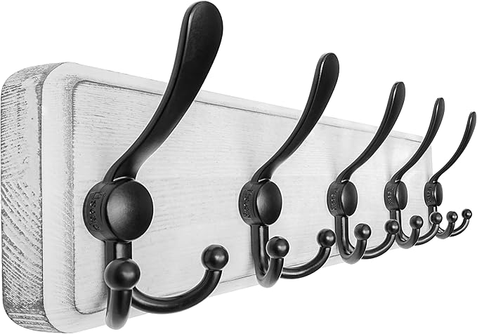 Dseap Coat Rack Wall Mounted - 5 Tri Hooks, Heavy Duty, Wooden Wall Coat Hanger Coat Hook for Clothes Hat Jacket Clothing, White & Black
