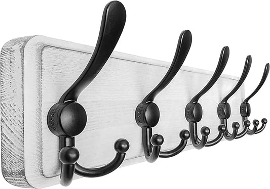 Dseap Coat Rack Wall Mounted - 5 Tri Hooks, Heavy Duty, Wooden Wall Coat Hanger Coat Hook for Clothes Hat Jacket Clothing, White & Black