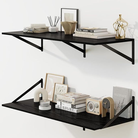 Fun Memories Floating Shelves for Wall, 12 Inch Deep Floating Shelves Set of 2, 36W x 12D Large Wall Shelf with Sturdy Metal Brackets for Living Room, Bathroom, Bedroom and Kitchen, Black-NeatNest