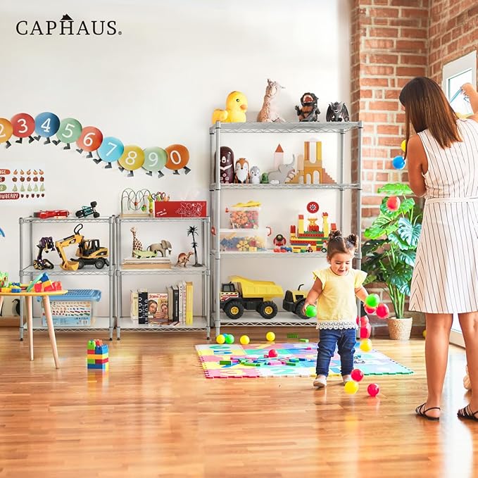 CAPHAUS NSF Adjustable Shelves Metal Wire Shelving Unit w/Liners, Kitchen Storage Shelving, Metal Steel Storage Shelving, Garage Shelving Storage Organizer, Utility Shelf, 4-Tier W/Wheels, Silver-NeatNest