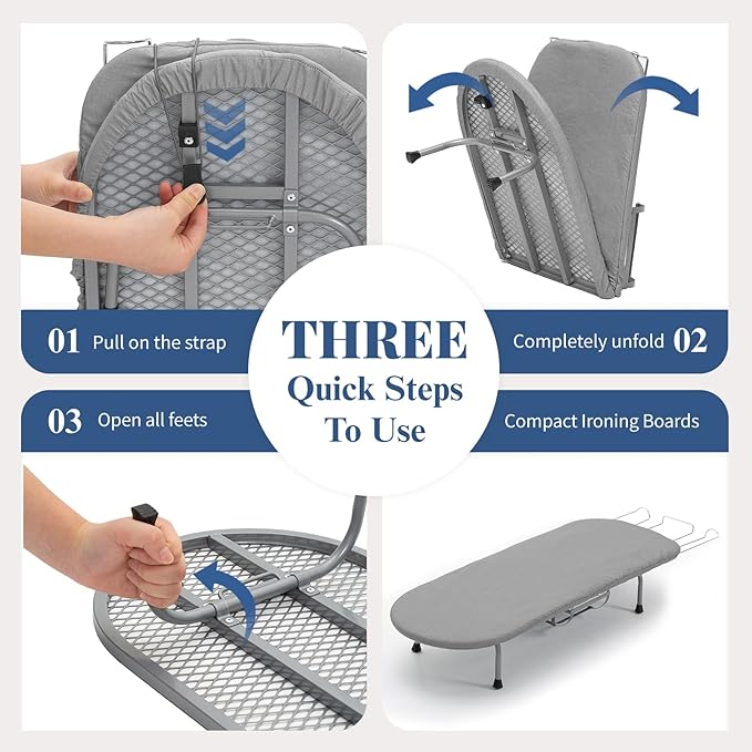 Small Ironing Board with Iron Holder, RAINHOL Countertop Mini Ironing Board Tabletop with Non-Slip Feet, Travel Foldable Iron Table for Small Space, Grey