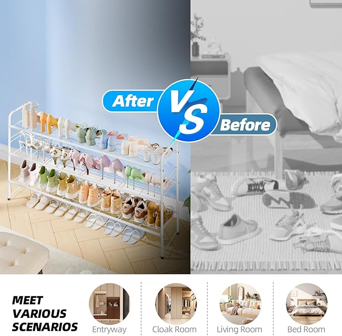 3 Tier Shoe Rack for Closet, 46.5 Inch Extra Long Shoe Storage Organizer for Shelves, Heavy Duty Metal, Easy Assembly, White-NeatNest