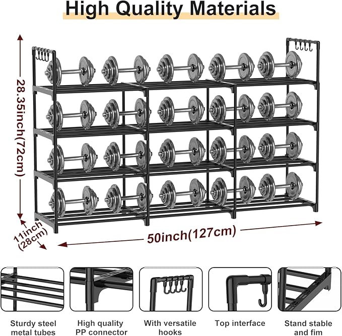3-Row 4-Tier Shoe Rack, Black Metal Stackable Shoe Shelf with Multifunctional Hooks, Hold 24-30 Pairs, Space Saving Shoes Organizer for Closet,Show Rack-NeatNest