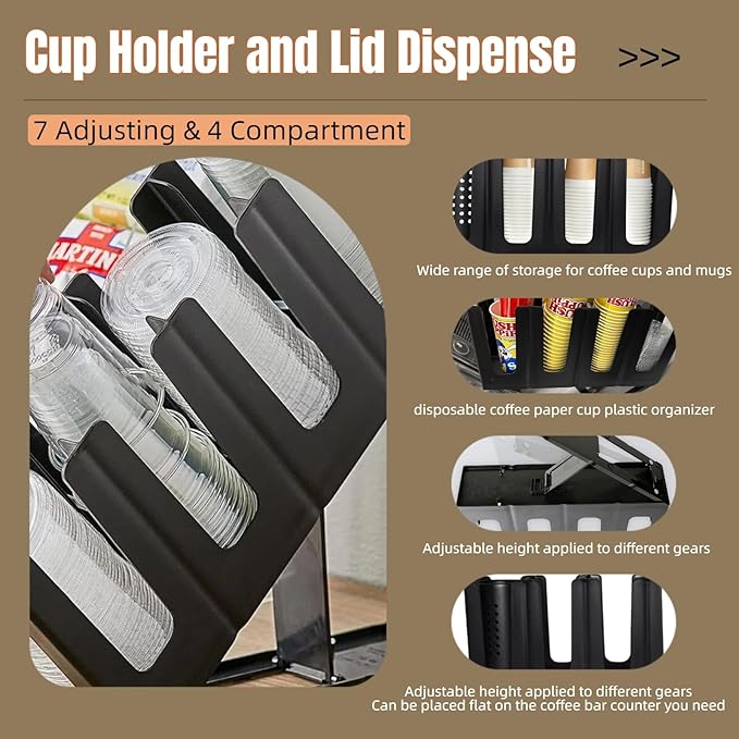 Cup Holder and Lid Dispenser with Straw Storage, Disposable Coffee Paper Cup Plastic Organizer, 7 Adjusting & 4 Compartment, for Cafe Station Bar Kitchen Restaurant Office Home Countertop, Adjustable-NeatNest