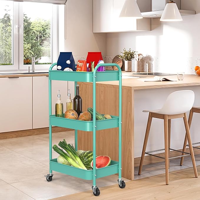 3-Tier Rolling Metal Storage Cart with Wheels, Multi-Functional Organizer for Office, Kitchen, Bathroom, Books Diapers - Easy Assembly (Blue)-NeatNest