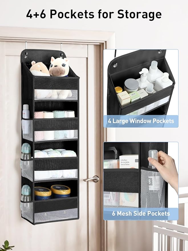 Yecaye 1 Pack Over the Door Organizer, 35.2lbs Load Toy Stuffed Animal Storage, Swing-proof Hanging Bathroom Organizers and Storage for Nursery Newborn Baby Essential Stuff Black-NeatNest